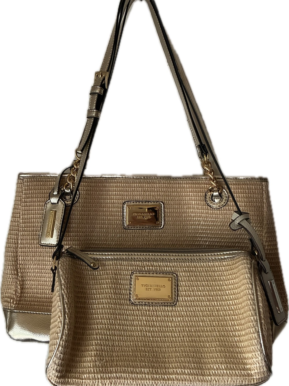 Vintage Tignanello Metallic Gold Matching Bag Bundle Y2K Tote + Shoulder Bag Set